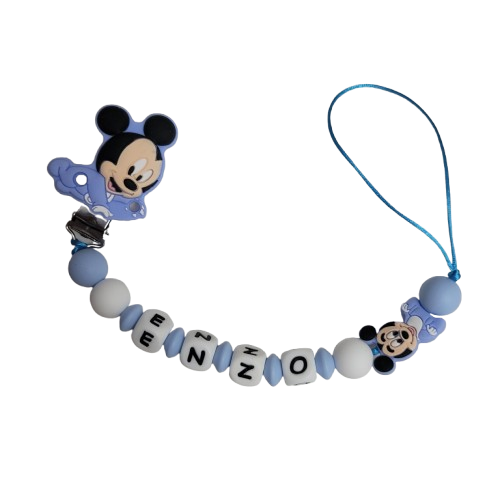 Chupetero de silicona azul con colgante Mickey y cuentas redondas con letras