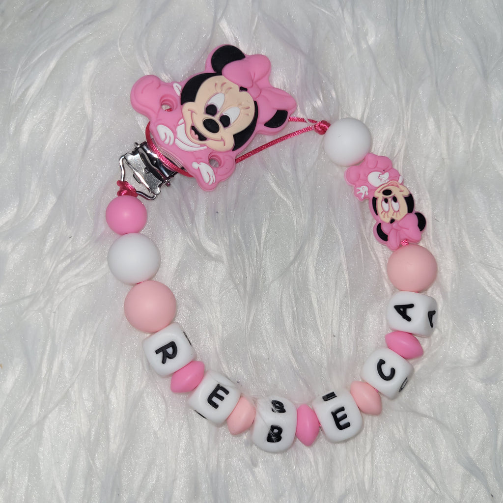 Chupetero de silicona personalizado Modelo Minnie Rosa, con nombre del bebé | Diseños únicos y seguros | Regalo perfecto para recién nacidos