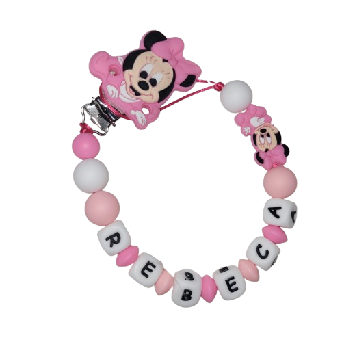 Chupetero de silicona personalizado Modelo Minnie Rosa, con nombre del bebé | Diseños únicos y seguros | Regalo perfecto para recién nacidos