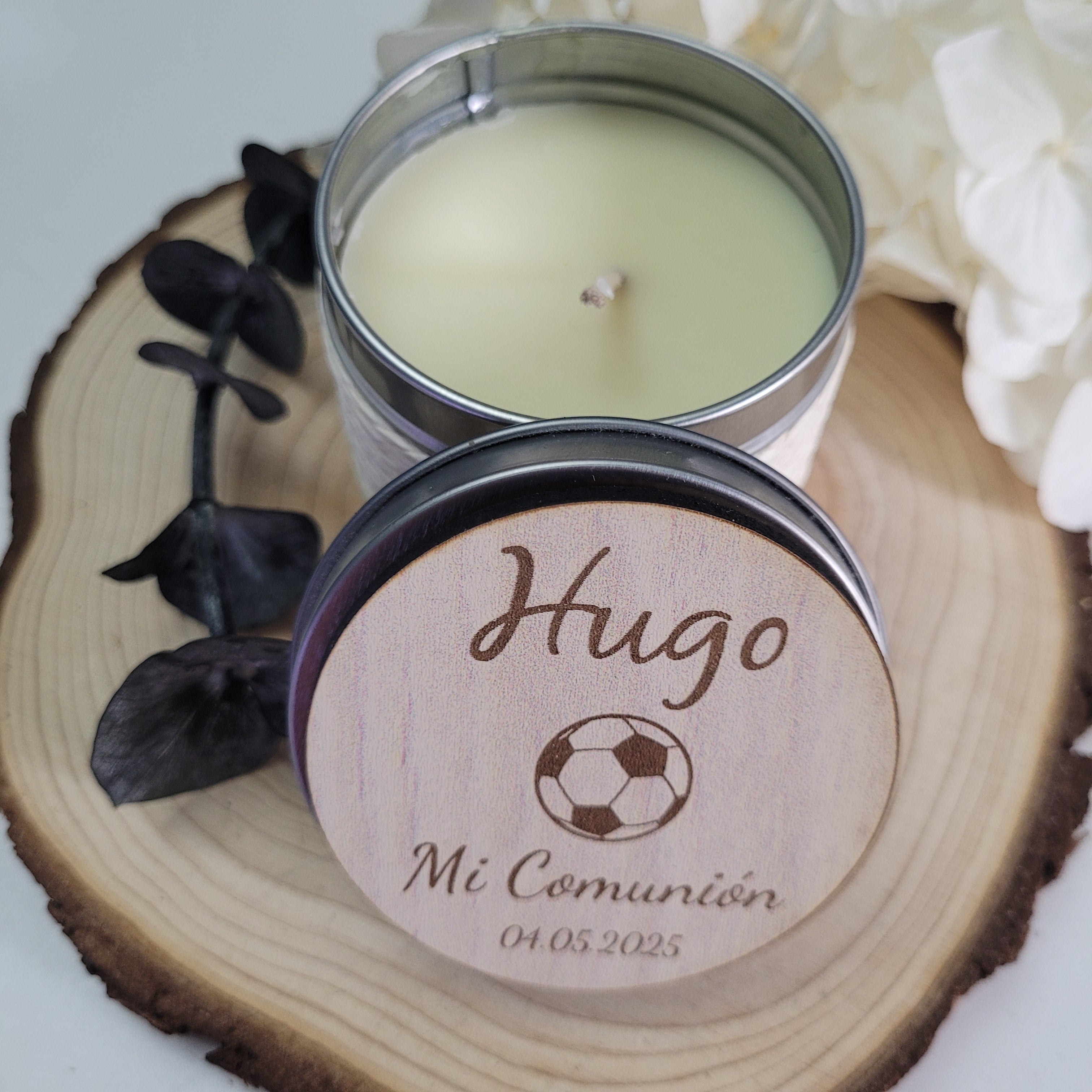 Vela personalizable con tapa madera con imán para comuniones Modelo Balón