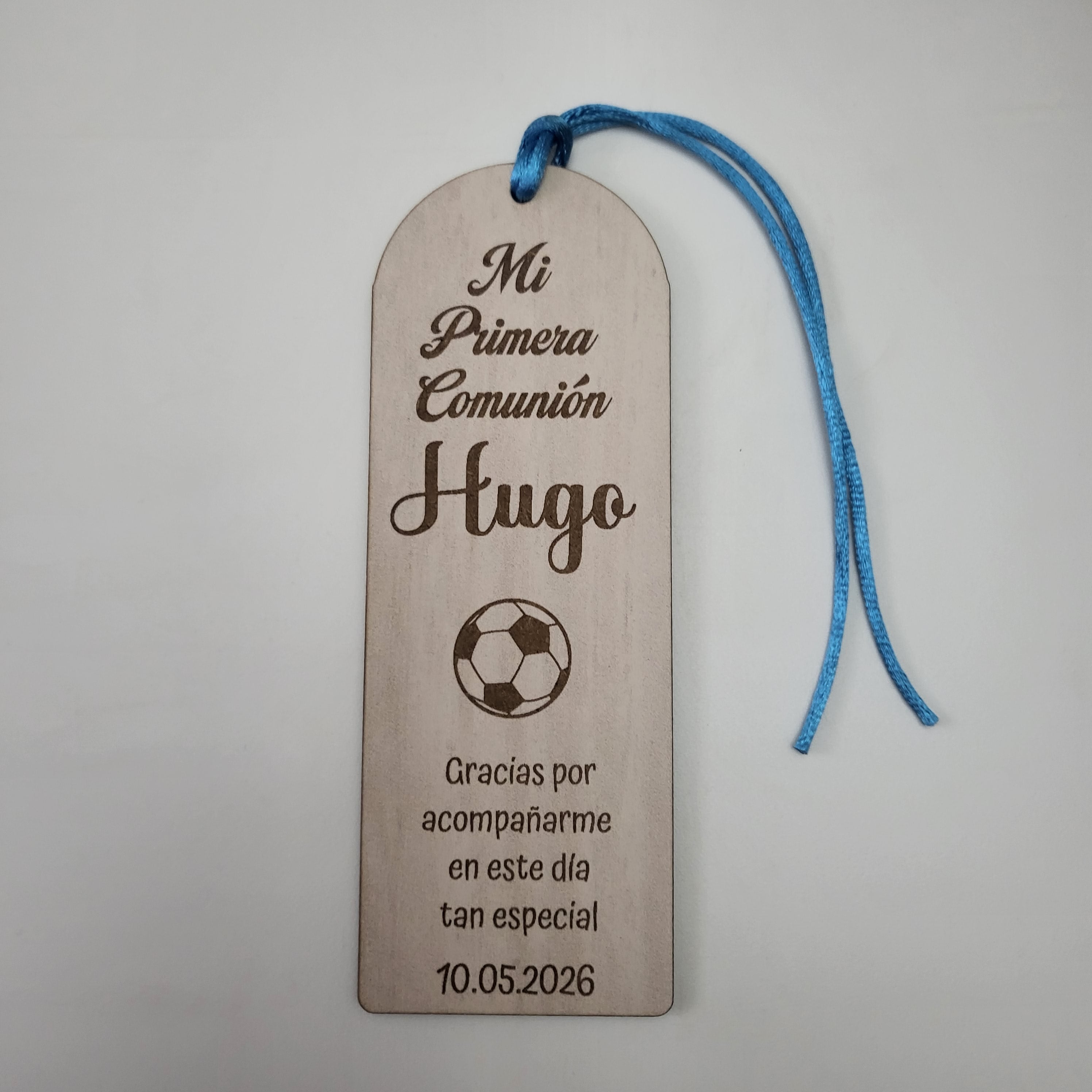 Marcapáginas de Madera modelo Balón personalizado para Comunión – Regalo de Invitados con Nombre y Fecha
