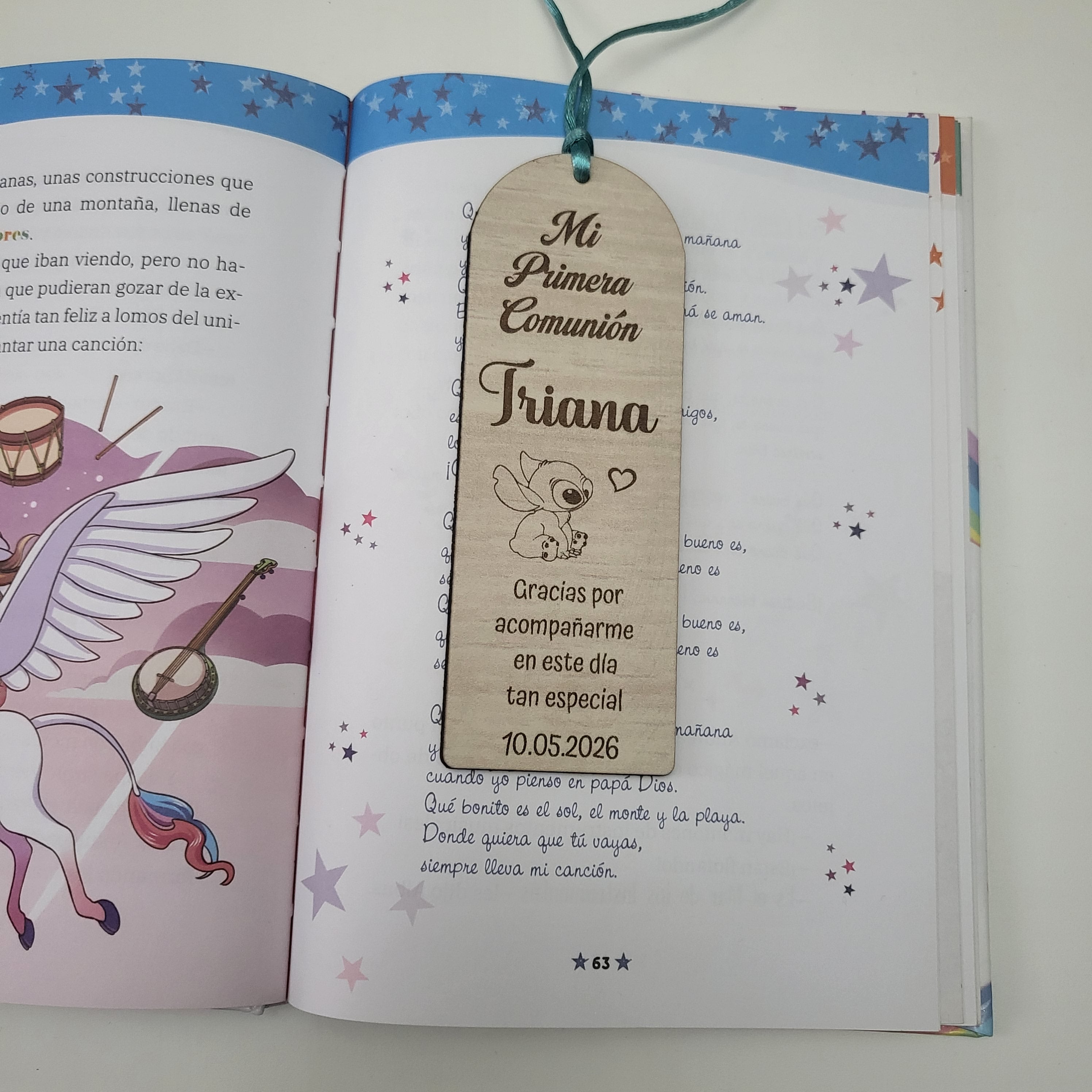 Marcapáginas de Madera modelo Stich personalizado para Comunión – Regalo de Invitados con Nombre y Fecha