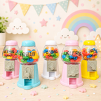 Conjunto de 5 chicleras personalizadas con bases rosa, azul, blanca y amarilla, caramelos