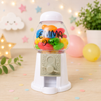 Chiclera personalizada blanca con depósito transparente y caramelos de colores, tapa clara