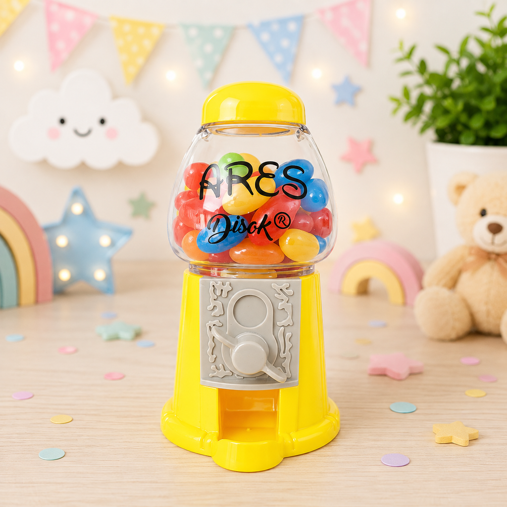 Chiclera personalizada amarilla con depósito transparente y caramelos de colores, base amarilla