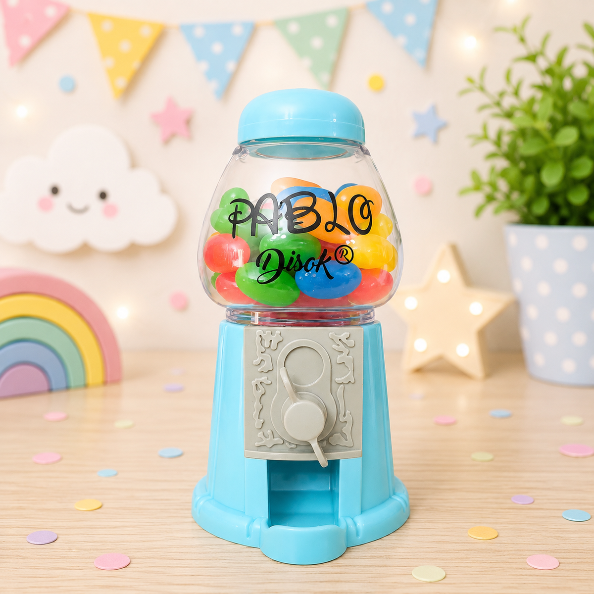 Chiclera personalizada azul con dispensador frontal metálico y caramelos en el depósito