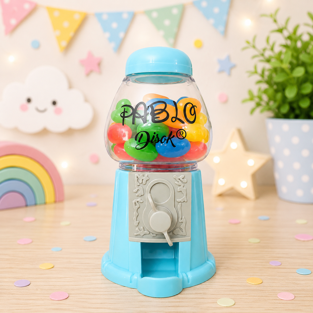 Chiclera personalizada azul con depósito transparente y caramelos de colores, tapa azul