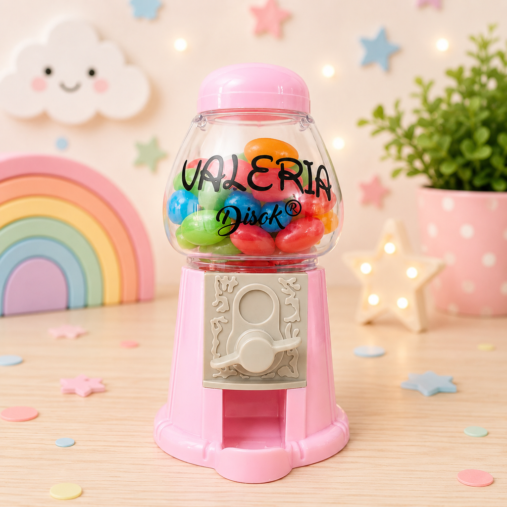 Chiclera personalizada rosa con depósito transparente y caramelos de colores, tapa roja