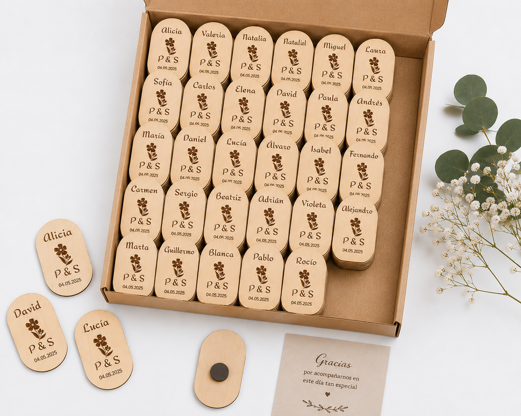 Marcasitios Personalizados de Madera con Imán para Bodas y Eventos