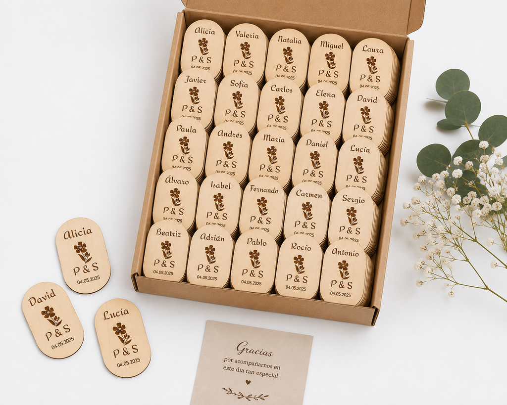 Marcasitios Personalizados de Madera con Imán para Bodas y Eventos