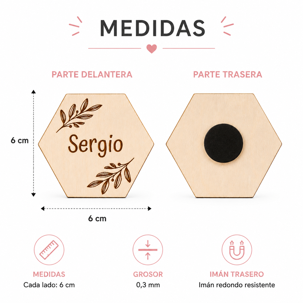 Marcasitios Hexagonal Personalizado con Imán para Bodas y Eventos
