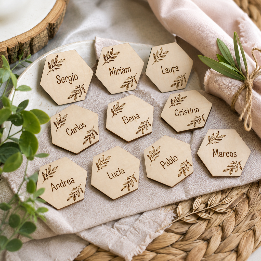 Marcasitios Hexagonal Personalizado con Imán para Bodas y Eventos