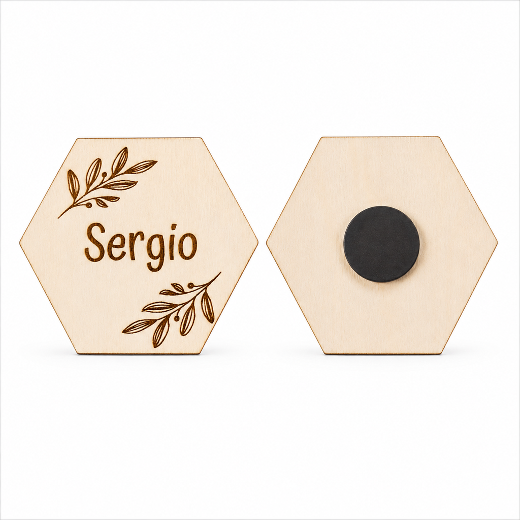 Marcasitios Hexagonal Personalizado con Imán para Bodas y Eventos