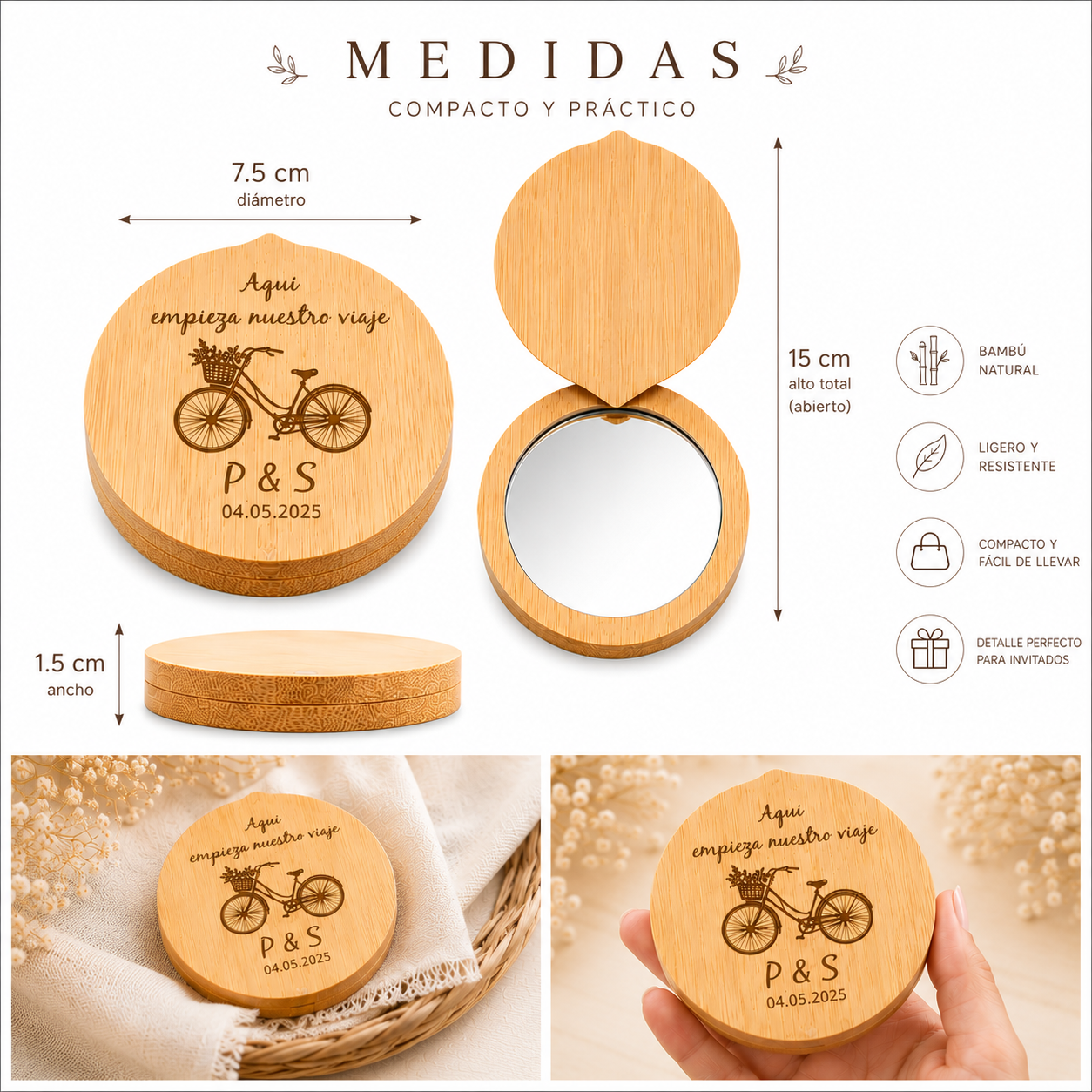Espejo de Bambú con Tapa Personalizado para Invitadas de Boda | Modelo Bici | Grabado Láser | Nelu Dreams