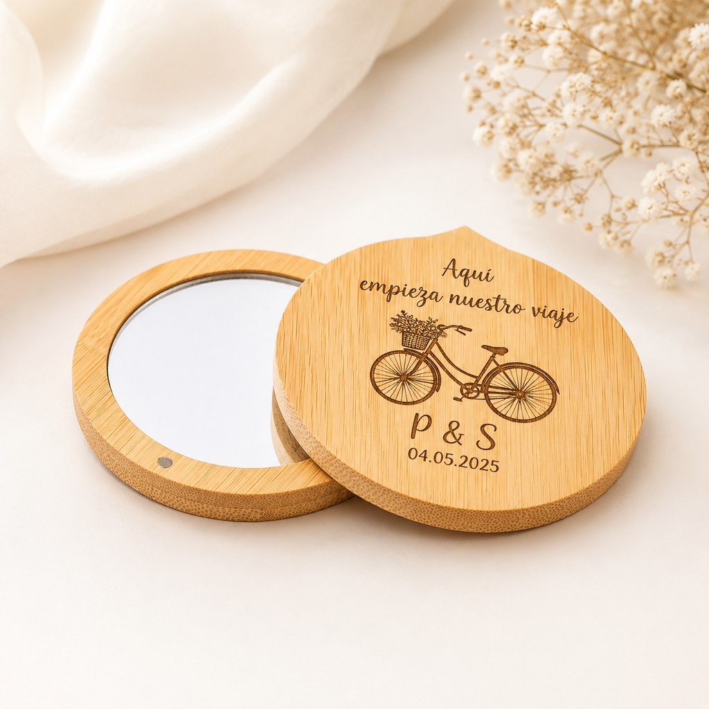 Espejo de Bambú con Tapa Personalizado para Invitadas de Boda | Modelo Bici | Grabado Láser | Nelu Dreams