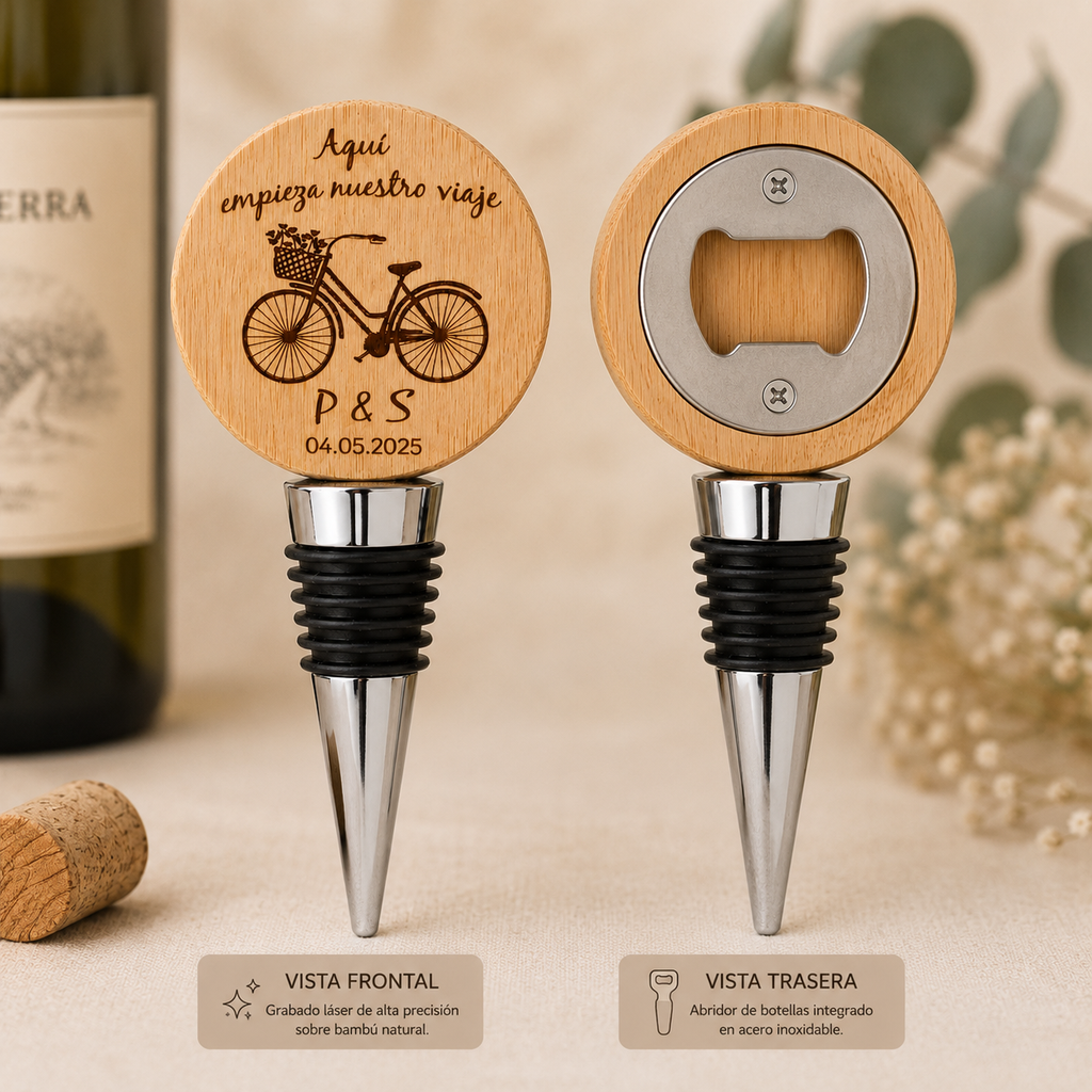 Tapón de Botella de Vino Personalizado con Abridor | Regalo de Boda Grabado en Bambú