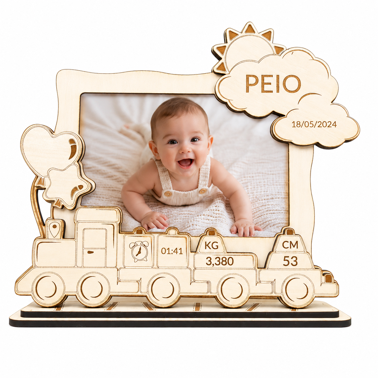 Marco de Fotos Natalicio Personalizado de Madera de Haya | Modelo Trenecito