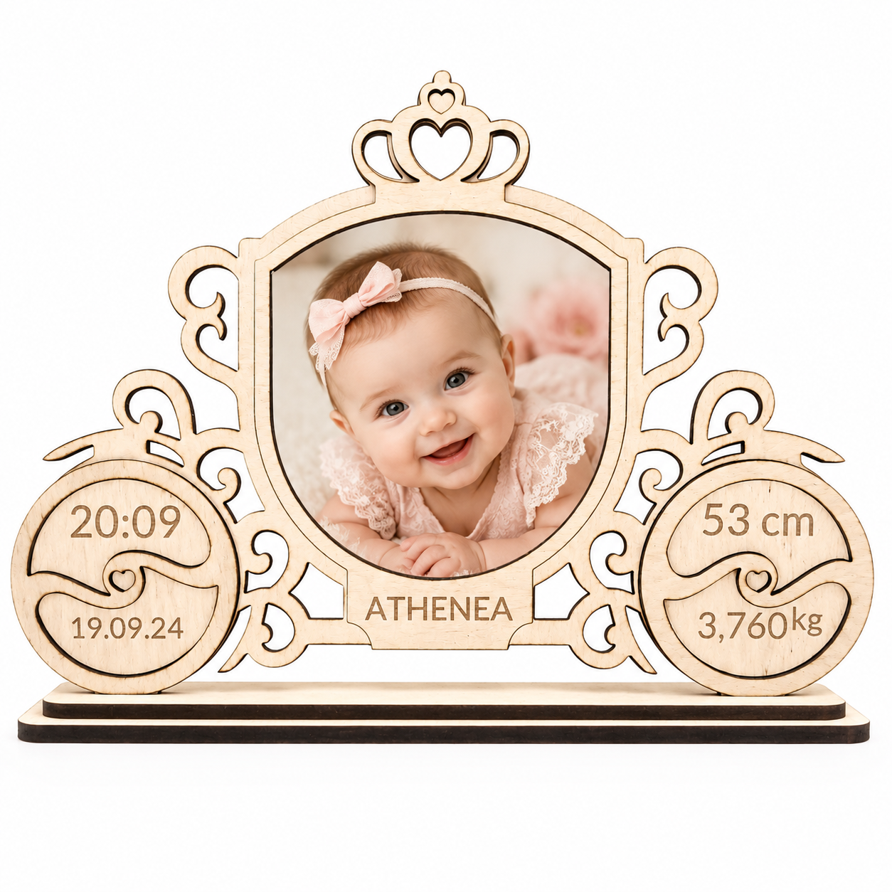 Marco de Fotos Natalicio Personalizado de Madera de Haya | Modelo Carroza Princesa