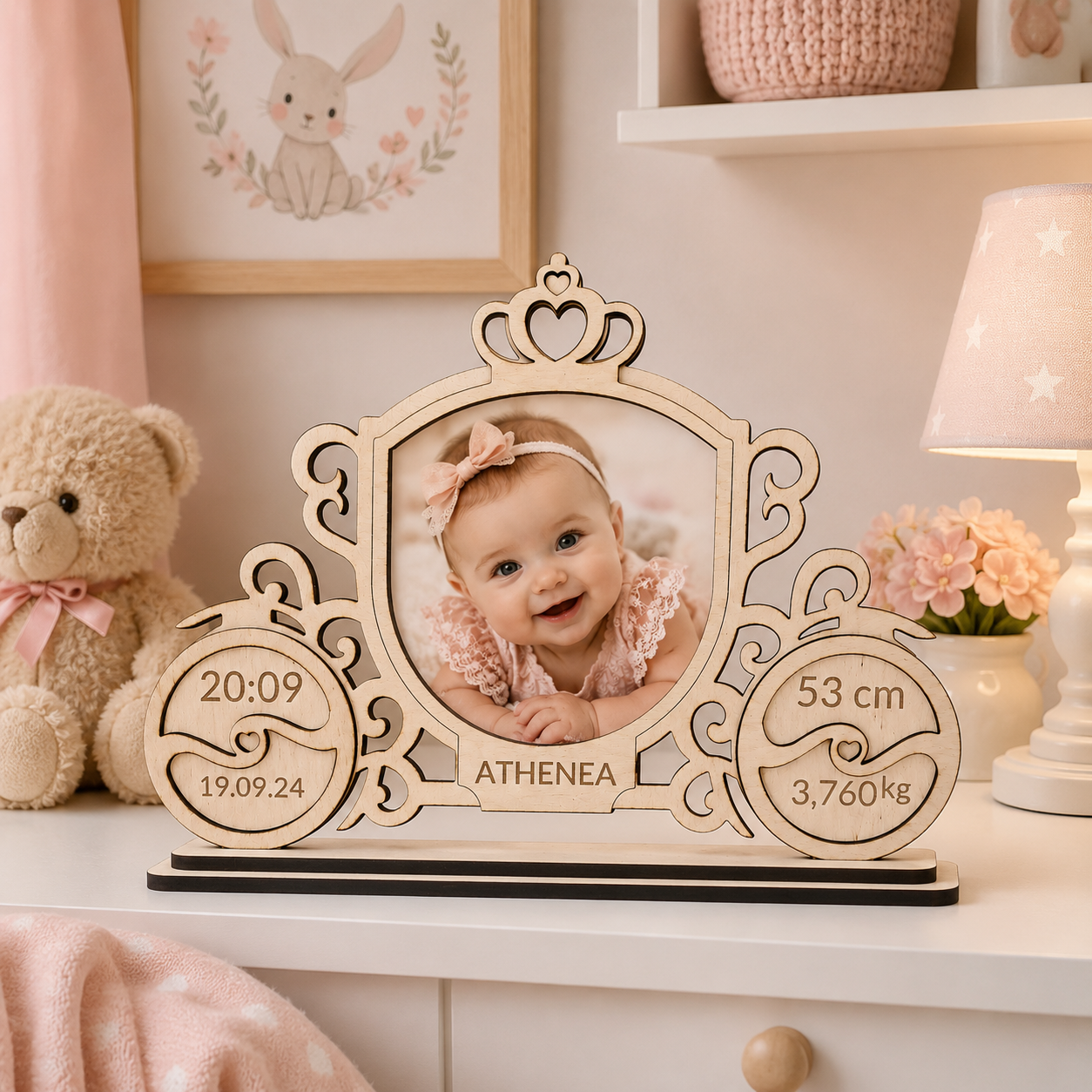 Marco de Fotos Natalicio Personalizado de Madera de Haya | Modelo Carroza Princesa