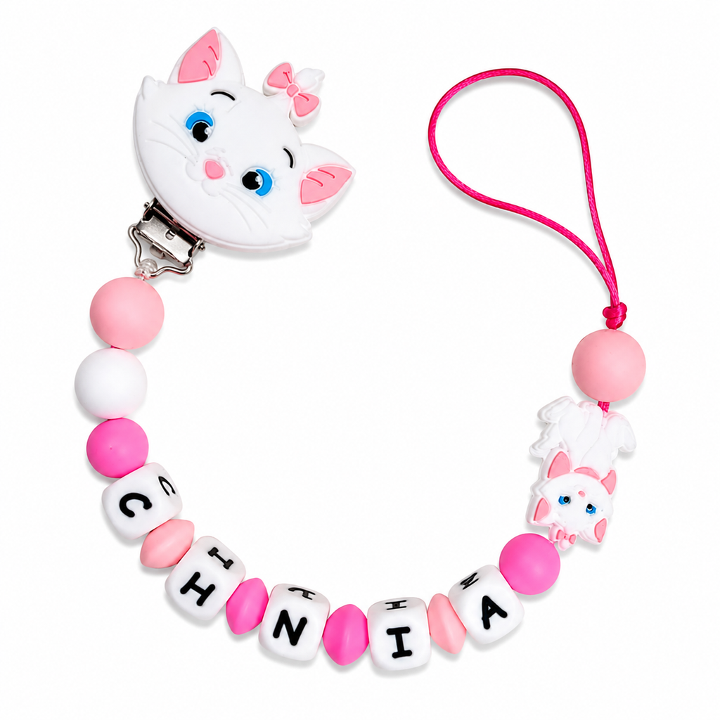 Chupetero de silicona personalizado Modelo Gatita Aristogatos, con nombre del bebé | Diseños únicos y seguros | Regalo perfecto para recién nacidos