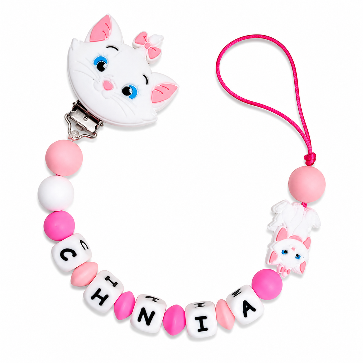 Chupetero de silicona personalizado Modelo Gatita Aristogatos, con nombre del bebé | Diseños únicos y seguros | Regalo perfecto para recién nacidos