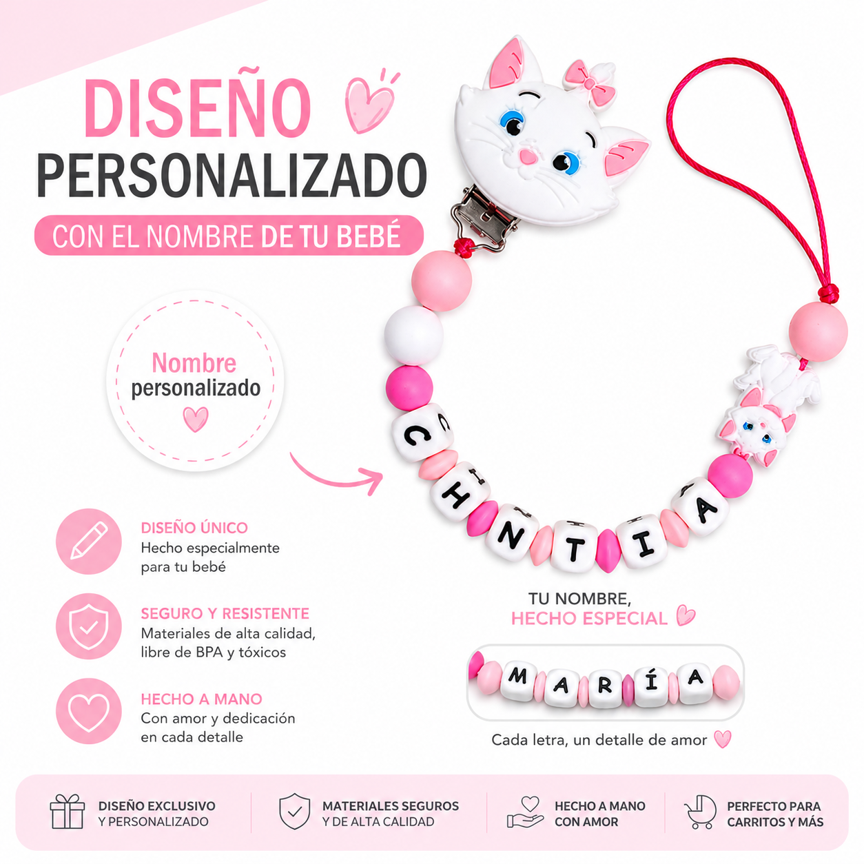 Chupetero de silicona personalizado Modelo Gatita Aristogatos, con nombre del bebé | Diseños únicos y seguros | Regalo perfecto para recién nacidos