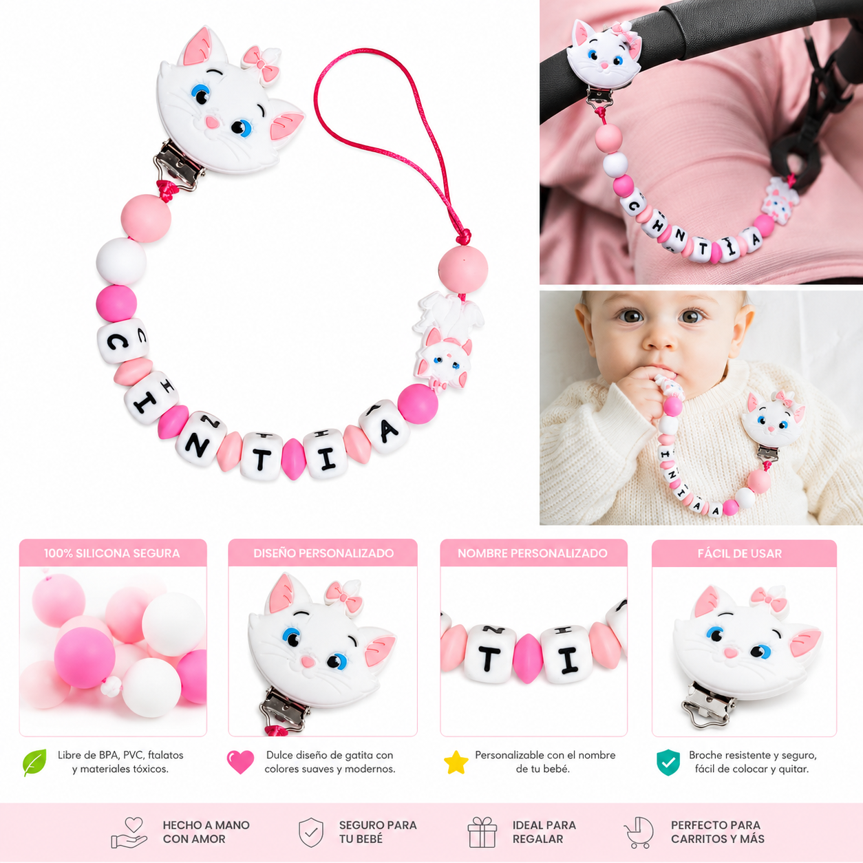 Chupetero de silicona personalizado Modelo Gatita Aristogatos, con nombre del bebé | Diseños únicos y seguros | Regalo perfecto para recién nacidos