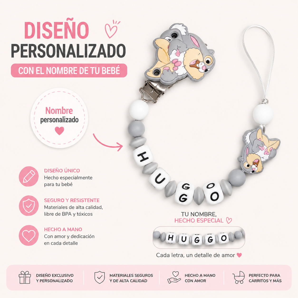 Chupetero de silicona personalizado Modelo Tambor, con nombre del bebé | Diseños únicos y seguros | Regalo perfecto para recién nacidos