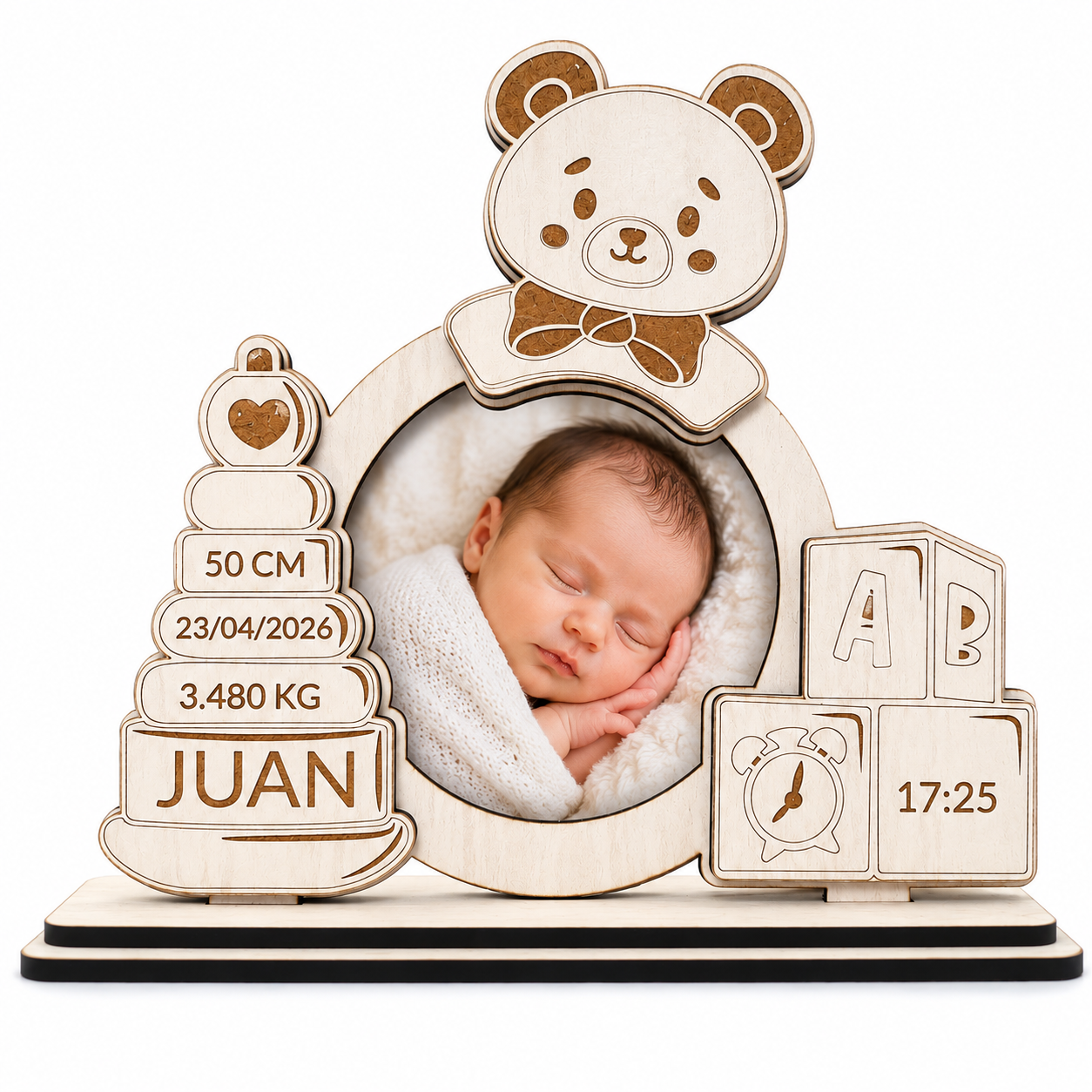 Marco de fotos de madera con oso, bebé durmiendo, 50 cm, 23/04/2026 y 3.480 kg.
