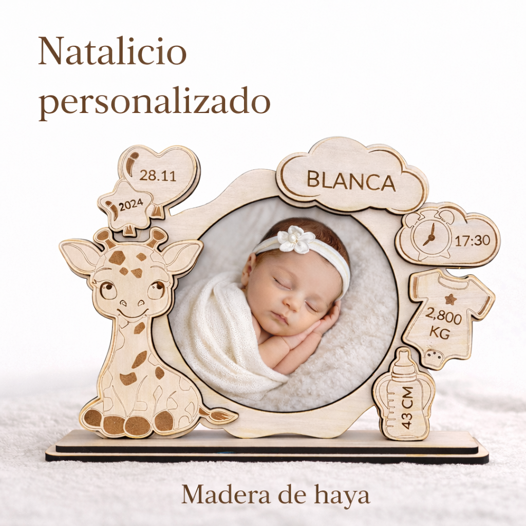 Marco de Fotos Natalicio Personalizado Modelo Jirafa | Regalo de Nacimiento en Madera