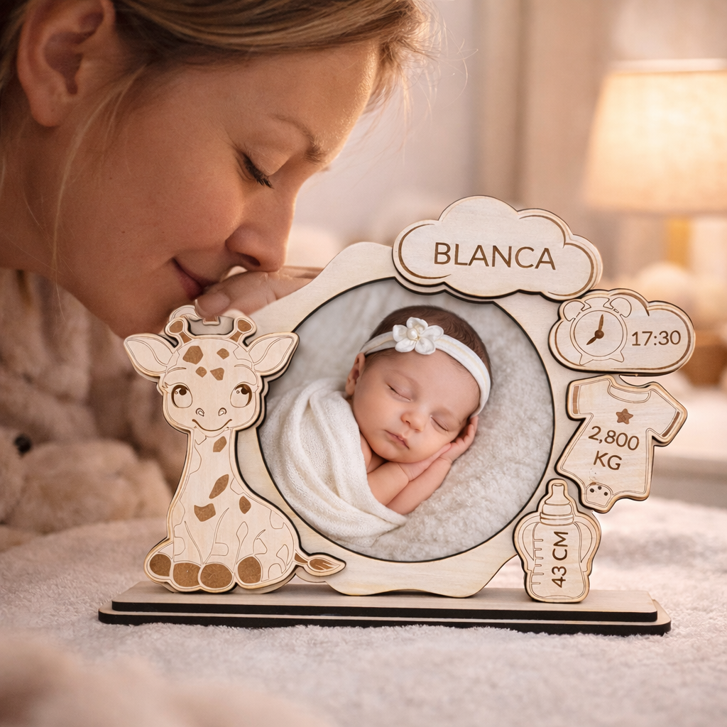 Marco de Fotos Natalicio Personalizado Modelo Jirafa | Regalo de Nacimiento en Madera