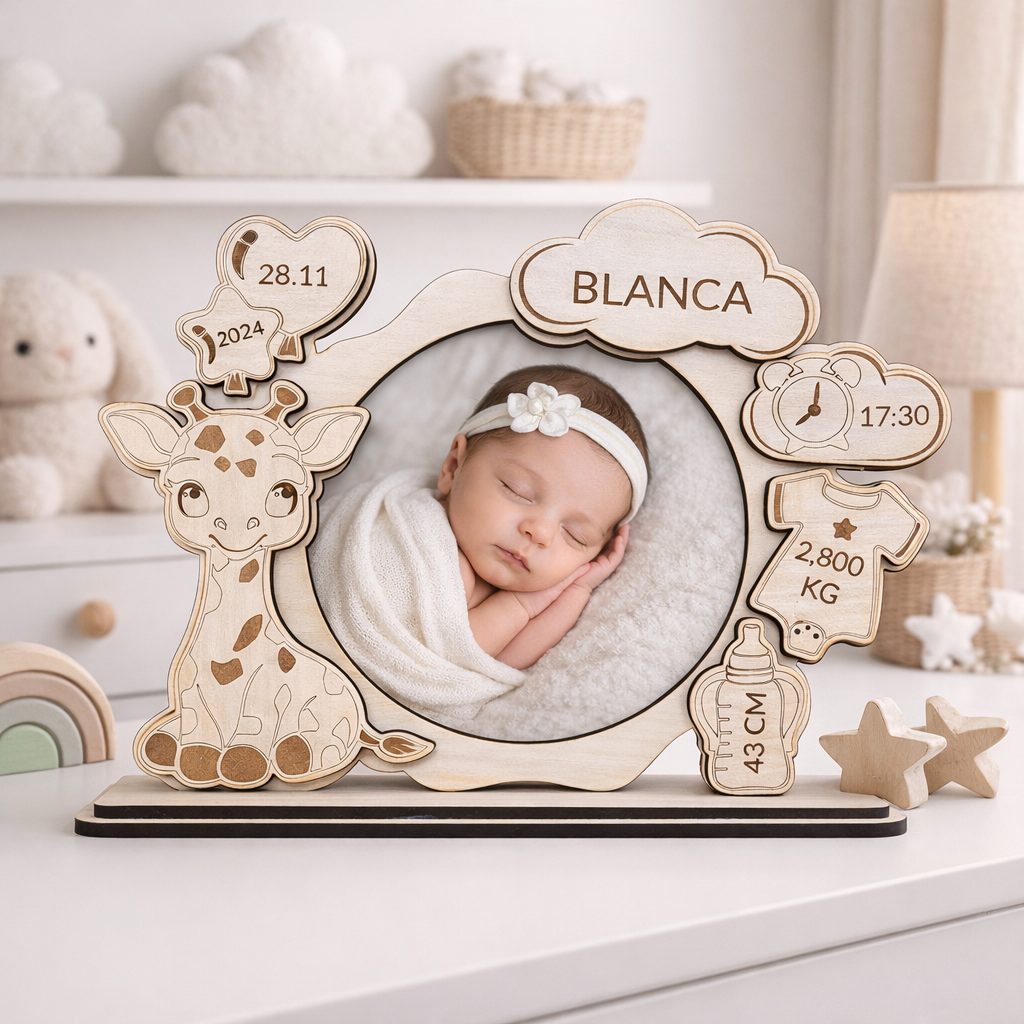 Marco de Fotos Natalicio Personalizado Modelo Jirafa | Regalo de Nacimiento en Madera