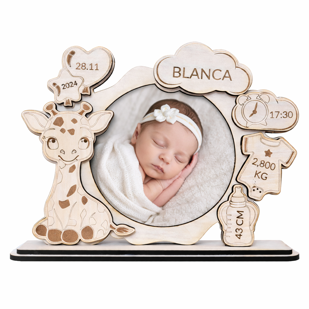 Marco de Fotos Natalicio Personalizado Modelo Jirafa | Regalo de Nacimiento en Madera