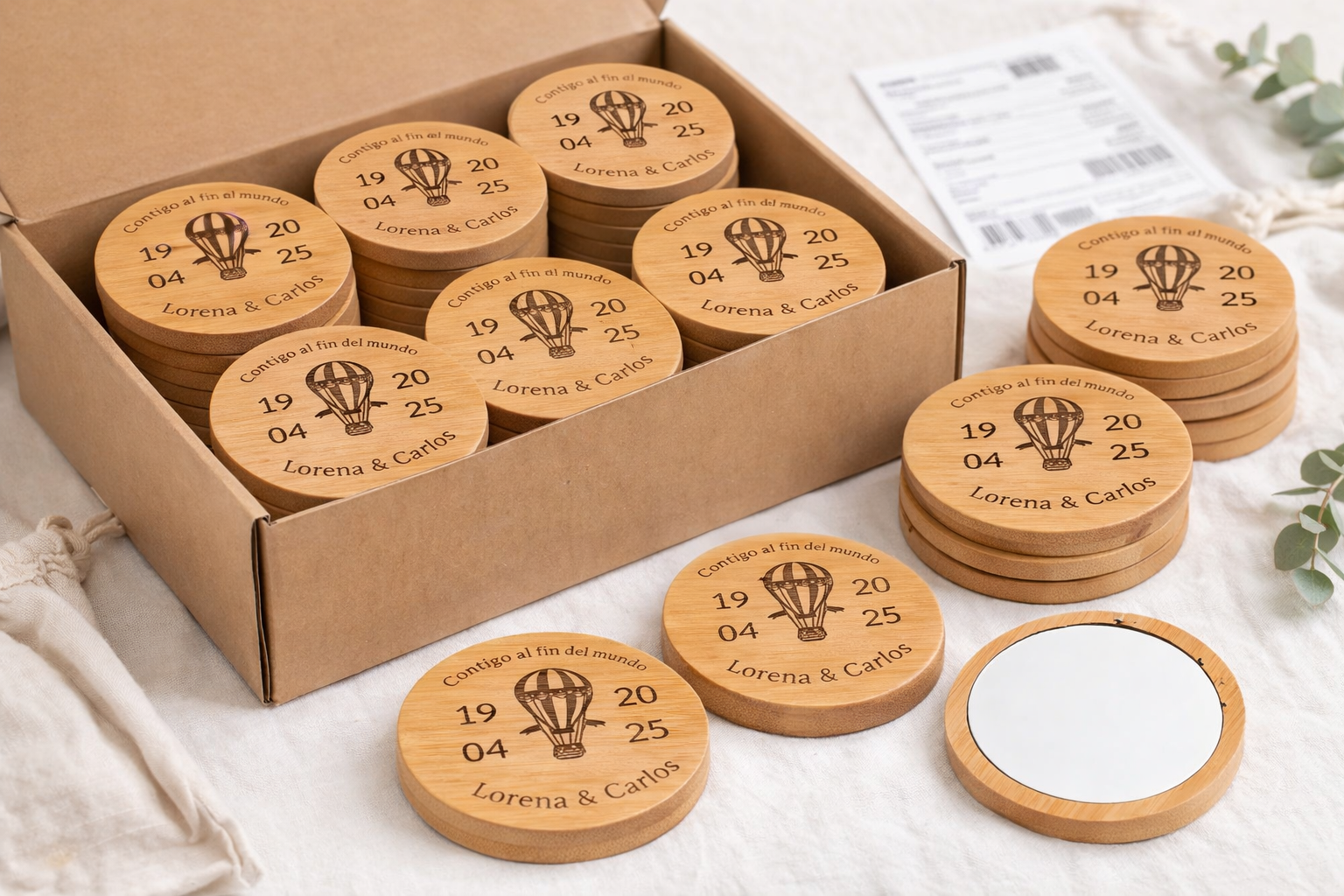 Espejo de bolsillo de bambú Modelo Sueños | Detalle personalizado para bodas