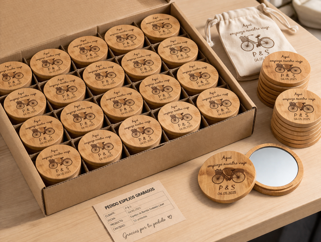 Espejo de bolsillo de bambú Modelo Viaje | Detalle personalizado para bodas