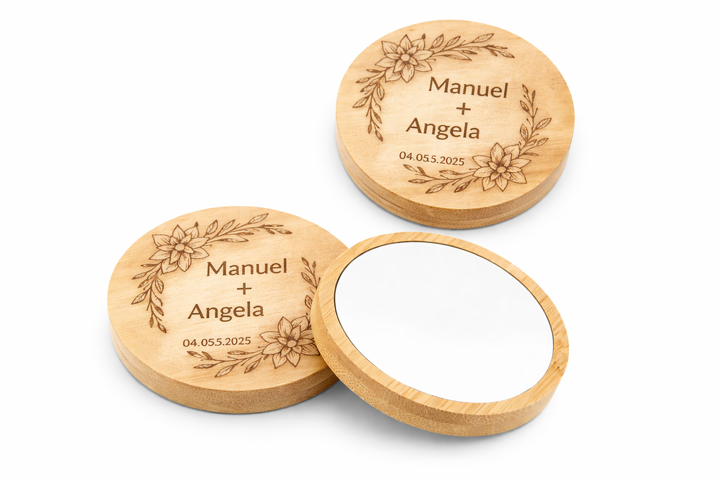 Espejo de bolsillo de bambú Modelo Azalea | Detalle personalizado para bodas