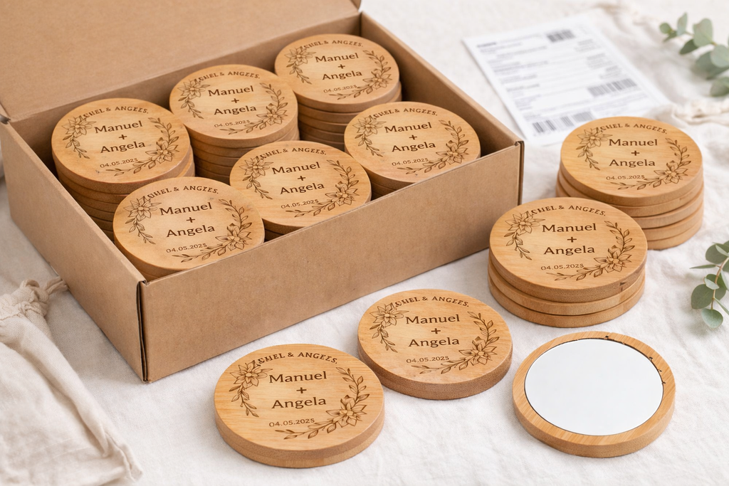 Espejo de bolsillo de bambú Modelo Azalea | Detalle personalizado para bodas