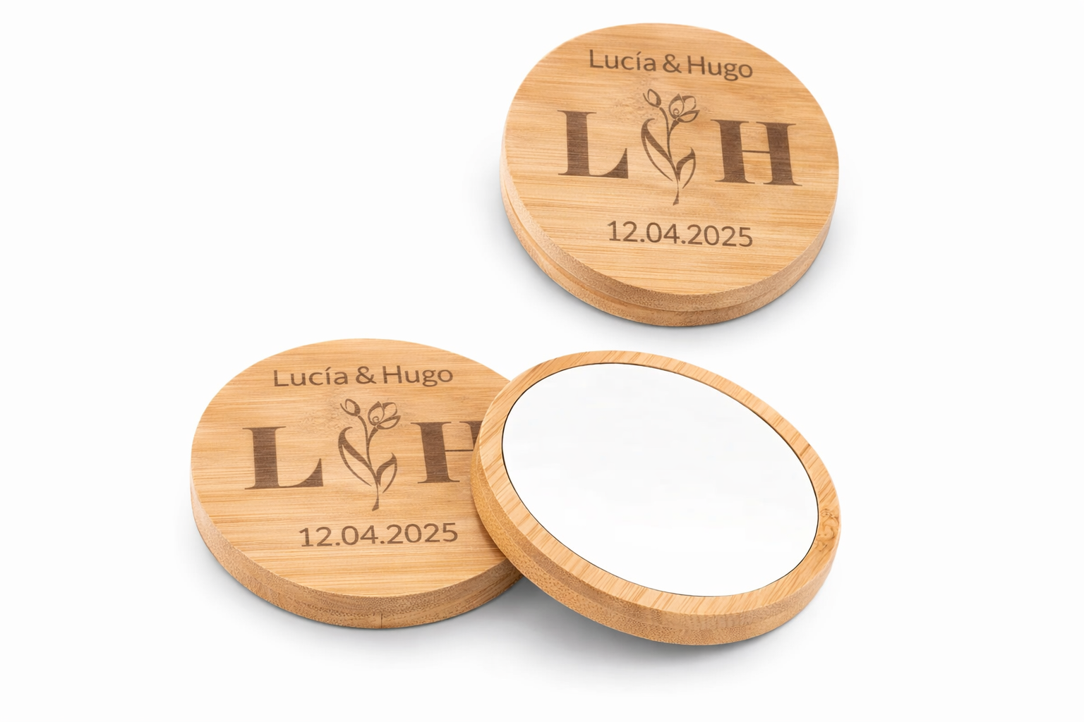 Espejo de bolsillo de bambú Modelo Tulipán | Detalle personalizado para bodas