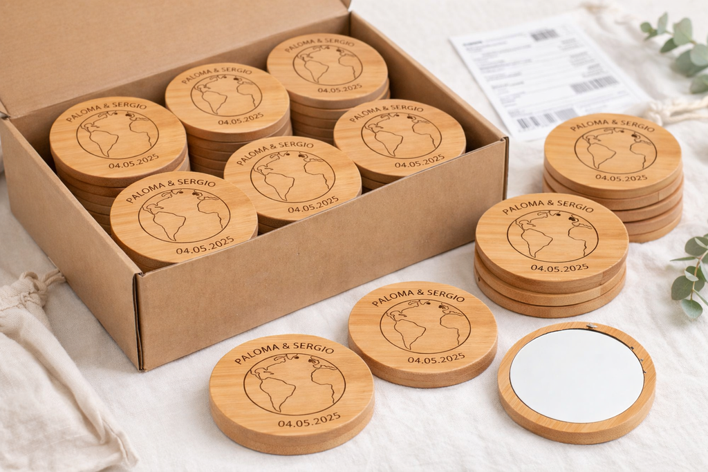 Espejos de bolsillo de bambú personalizados para bodas