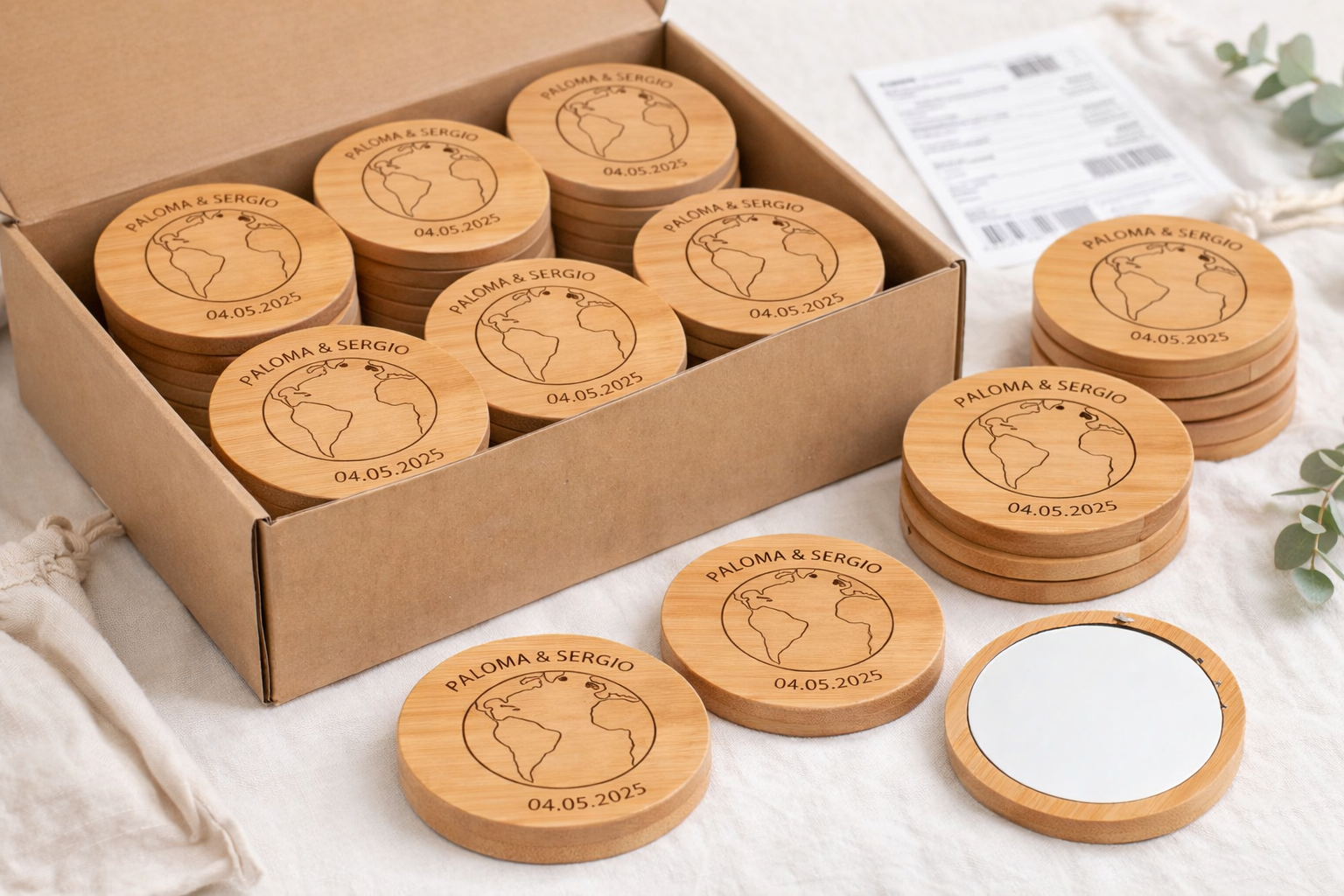 Espejos de bolsillo de bambú personalizados para bodas