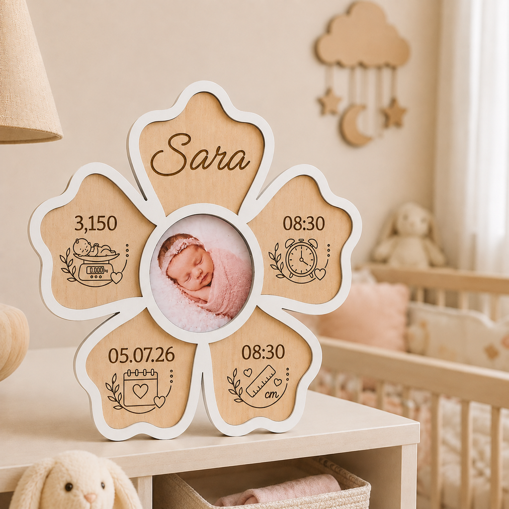 Marco floral de madera con foto de bebé y nombre Sara