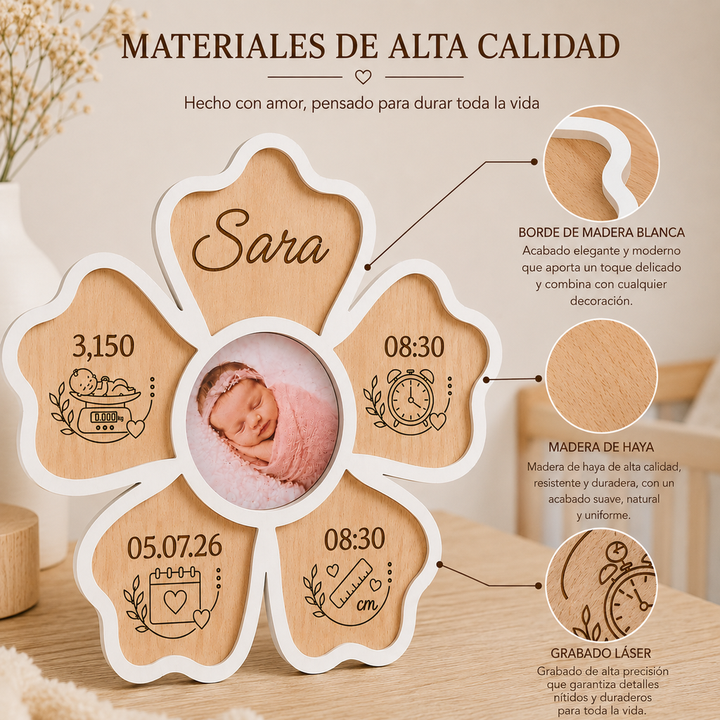 Marco de madera de haya con foto central, nombre Sara y datos de nacimiento