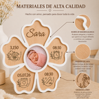 Marco de madera de haya con foto central, nombre Sara y datos de nacimiento