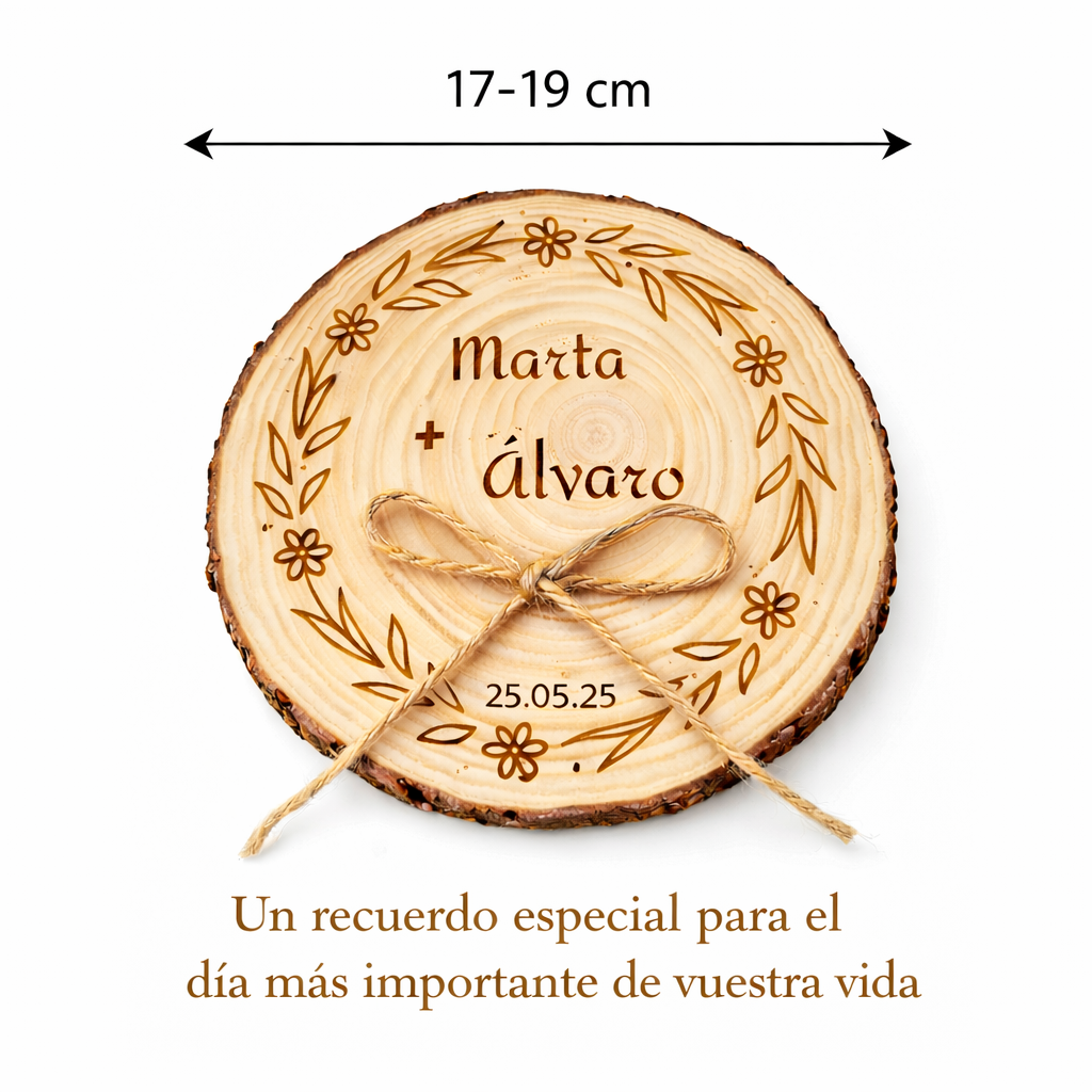 Porta alianzas de boda personalizable en rodaja de madera natural modelo rama