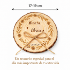 Porta alianzas de boda personalizable en rodaja de madera natural modelo rama