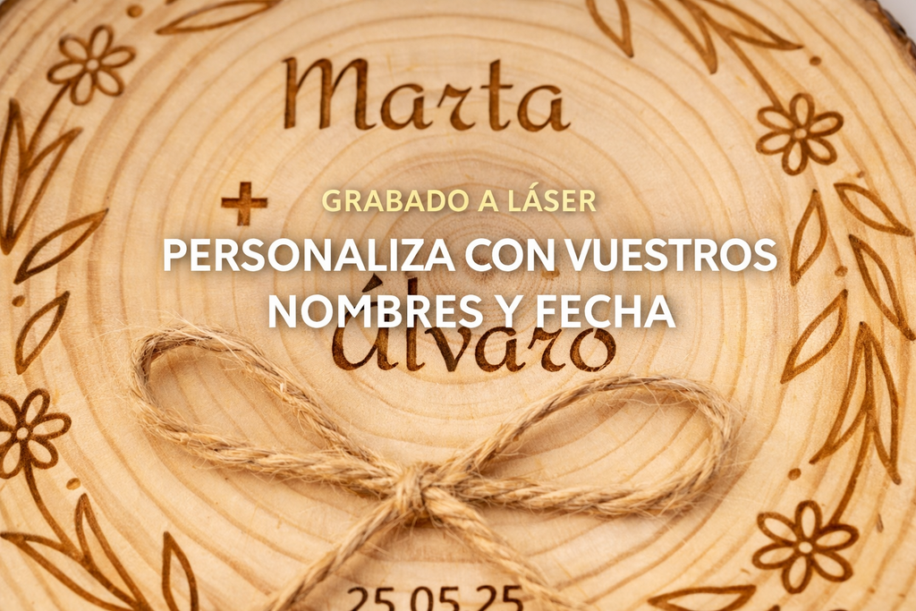 Porta alianzas de boda personalizable en rodaja de madera natural modelo rama