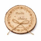 Porta alianzas de boda personalizable en rodaja de madera natural modelo rama