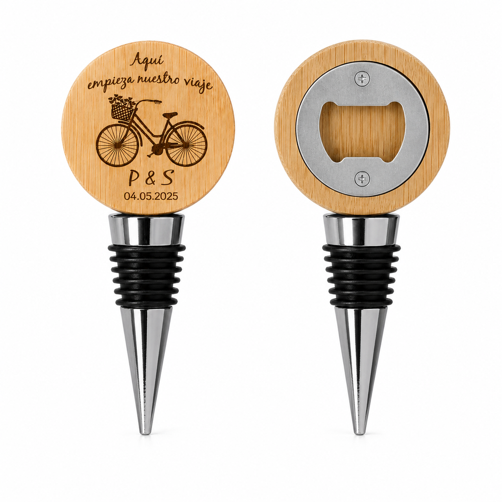 Tapón de Botella de Vino Personalizado con Abridor | Regalo de Boda Grabado en Bambú