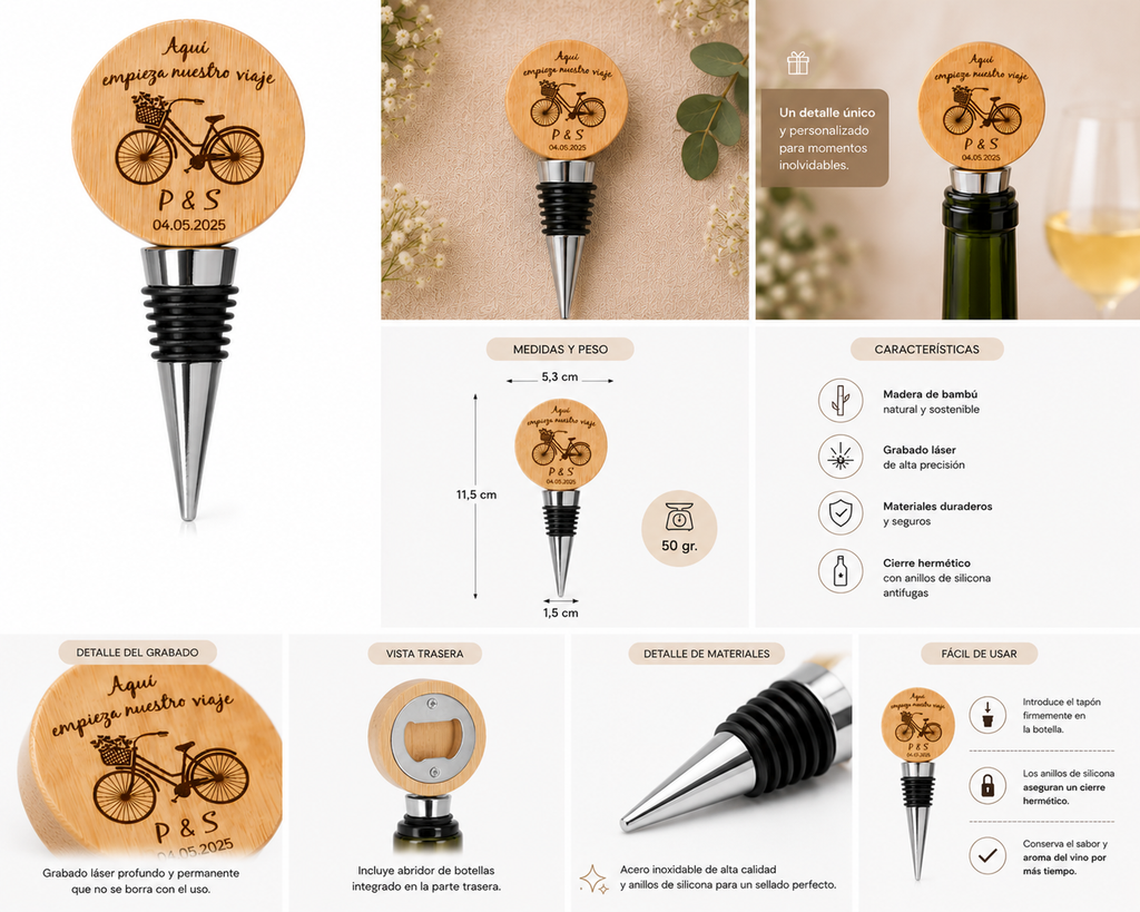 Tapón de Botella de Vino Personalizado con Abridor | Regalo de Boda Grabado en Bambú