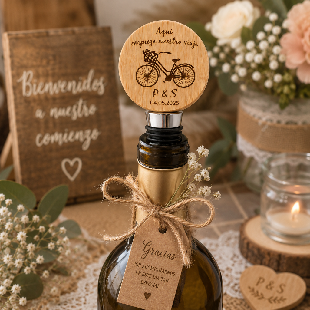 Tapón de Botella de Vino Personalizado con Abridor | Regalo de Boda Grabado en Bambú